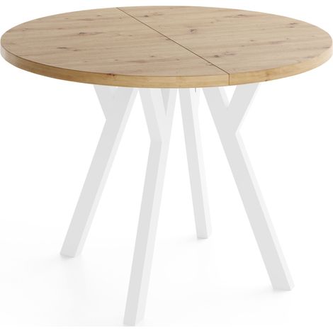 Runder Ausziehbarer Esstisch im Loft-Stil XXL Groß – Verlängerbarer Platzsparender Tisch mit Weißen Holzbeinen – Eiche Artisan Hellbraun  – 100 bis 300 cm