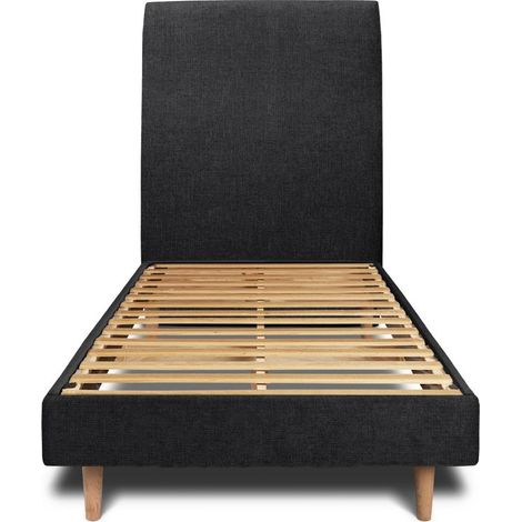 Lit 90x190cm avec tête de lit tapissier tissu et sommier kit Noir - Hauteur totale : 29cm (1/5)