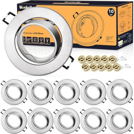 Set de Spots Encastrables GU10, Lot de 10 Cadres Ronds Blancs, Avec Douille Céramique, Pour LED, AC 230V Ø 68mm, Orientable 30°, Cadre de Montage Pour Plafond