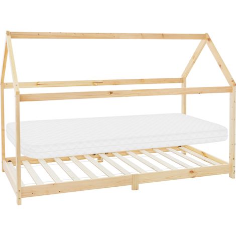 ML-Design Letto a Casetta per Bambini 90 x 200 cm Naturale, in Legno di Pino, con Tetto e Rete a Doghe, Lettino a Terra Singolo Stile Montessori con Materasso da 10 cm in Schiuma Fredda per Cameretta (1/5)