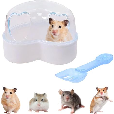 Contenitore trasparente per il bagnetto dei criceti con paletta, vaschetta e toilette per criceti nani, gerbilli e piccoli animali domestici, accessori sicuri per gabbie con bordi rialzati. (1/4)