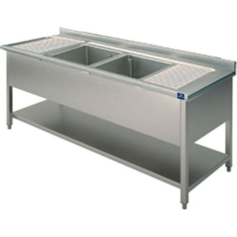 Plonge, 2 Bacs, 2 Égouttoirs, Sur Piètement, Avec Étagère Inférieure, 2000X700 mm - Mastro