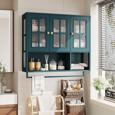 REDOM - Mobile pensile 88x26x82.5 cm, stile minimalista, spazio aperto e chiuso, vetro temperato, MDF, verde scuro (1/5)