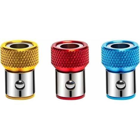 3 Pcs Porte-Vis Anneau Magnétiseur Universel Amovible Magnétique Alliage Antidérapant Tournevis Accessoires pour 1/4 Pouce Hex Tige Double Embouts de Tournevis, Rouge, Bleu et Jaune (1/4)