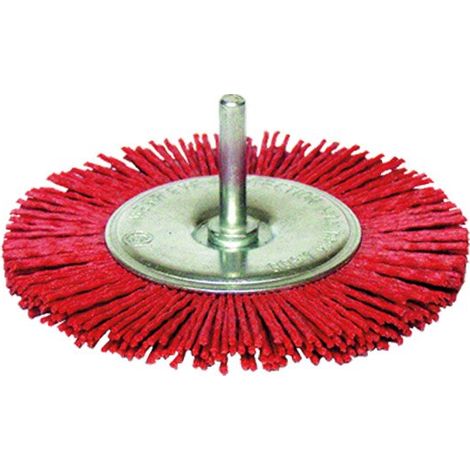 Brosse circulaire sur tige fil nylon pour décapage doux bois/métal D. 75 mm - Q. 6 x 30 mm - Ep. 8 mm - Gr. 80 - 110.071 - Leman (1/2)