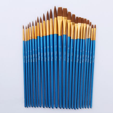 Ensemble de pinceaux en nylon à manches bleus – 24 pièces (12 ronds + 12 plats) pinceaux polyvalents pour aquarelle, gouache, acrylique et peinture à l'huile – idéal pour le dessin et la peinture en (1/4)