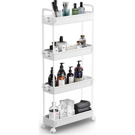 Chariot de rangement fin, chariot de rangement roulant pour salle de bain à 4 niveaux, chariot d'organisation mobile pour bureau, salle de bain, cuisine et buanderie, espaces restreints, blanc (1/3)