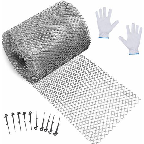 Canalones y bajantes - Rejilla de aluminio con 10 ganchos y guantes - Repelente de hojas y protección antiobstrucción para canalones - 15 cm x 600 cm (1/4)