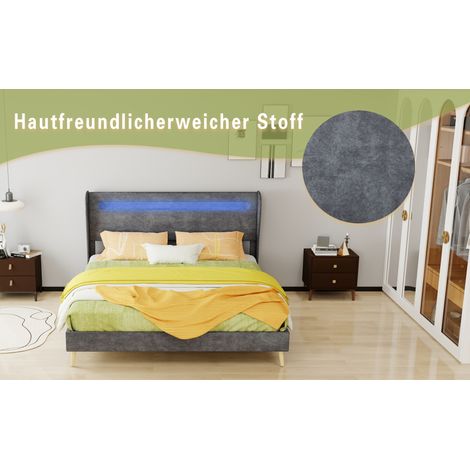 Lit tapissé 160/200 cm gris en tissu et métal à tête de lit réglable avec éclairage à DEL (1/5)
