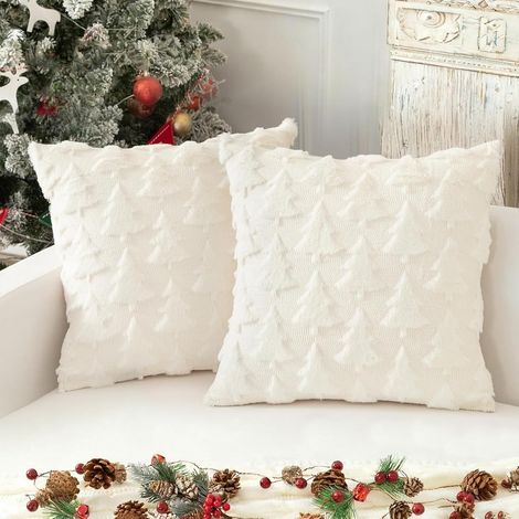 Set di 2 federe per cuscini in morbido velluto di lana corta, in stile lussuoso, per divano e camera da letto – Albero, Bianco – 45 x 45 cm (1/5)