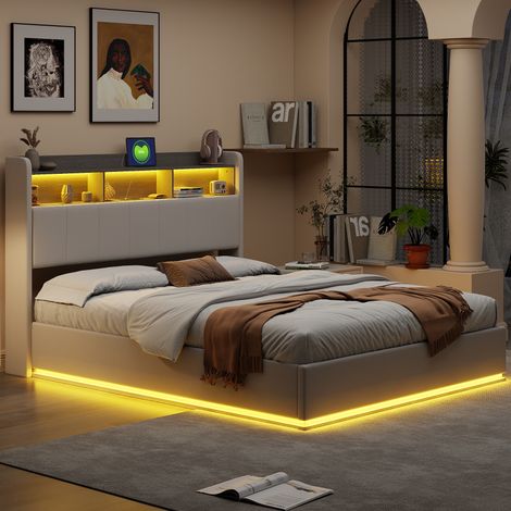 Lit coffre 160x200,lit 160x200 avec sommier - PERGAR - Velours blanc - USB intégré - LED - 3 compartiments de rangement (1/5)