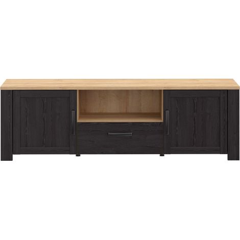 Meuble TV - BOHOL - Noir et Chene - L 166,1 x P 42 x H 51,8 cm - 2 portes + 1 tiroir + 1 niche
