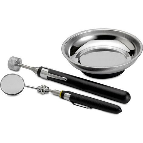 Ensemble de 3 outils d'inspection comprenant un plateau magnétique en acier inoxydable, un miroir d'inspection télescopique et un outil de ramassage magnétique extensible pour vis, boulons et écrous. (1/5)