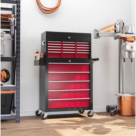 Carro de herramientas con ruedas (71.5x40x84 cm), 14 cajones, armario con llave, tablero lateral, acero rojo (1/5)