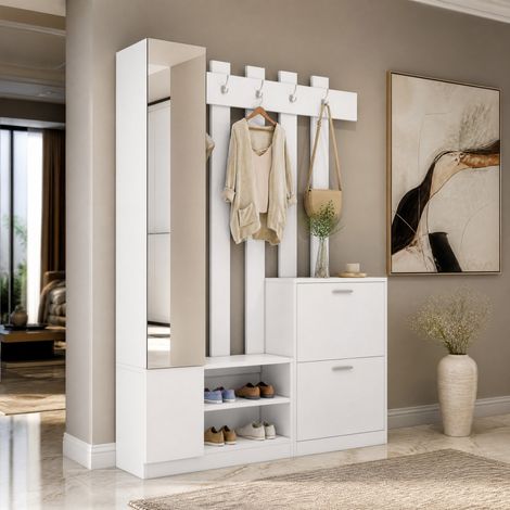 Guardaroba d'ingresso con specchio, mobile porta scarpe a ribalta, 135 x 25 x 180 cm, bianco, REDOM (1/5)