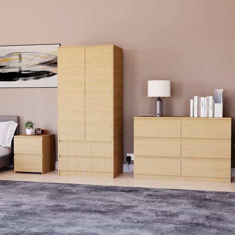 3 Piece Denver Bedroom Set, 2 Drawer Large Bedside Chest, 6 Drawer Chest, 2 Door 2 Drawer Wardrobe, Pine (1/3)