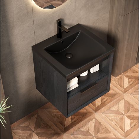 Mobile bagno sospeso 51,5 cm con lavabo in ceramica nero e mensola con cassetto (1/5)