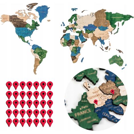 Carte du monde 3D en bois, détaillée, XL, 130 cm, 36 étiquettes, Marquez vos voyages (1/5)