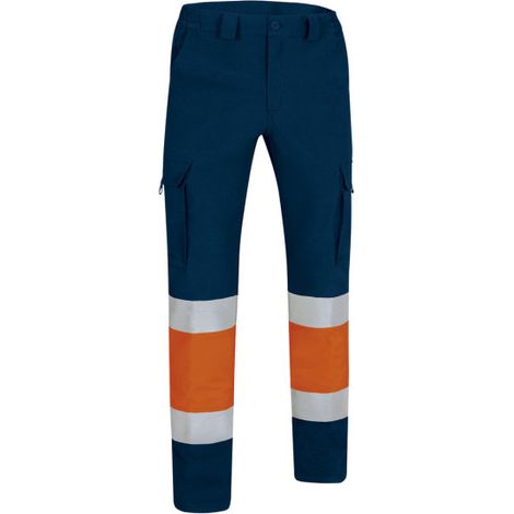 Pantalón de Alta Visibilidad multibolsillos bicolor, cintas reflectantes EN 20471, tejido elástico hidro-repelente RIGEL L Naranja flúor / Azul marino