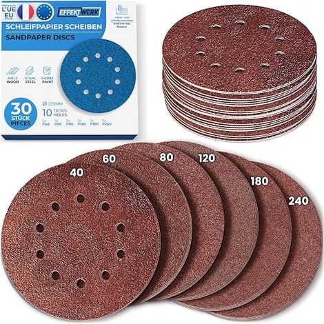 Disques abrasifs papier abrasif 225 mm pour ponçage fin et grossier plusieurs tailles de grain 40/60/80/120/180/240 (1/5)