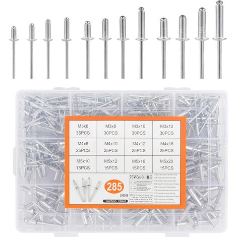 285 Pcs Ensemble de Rivets Aveugles en Aluminium, M3 M4 M5 Pop Rivets à Tête Plate, Assortiment de Rivet Pop pour Métal, Bois, Plastique (Argent) (M3/M4/M5) (1/5)