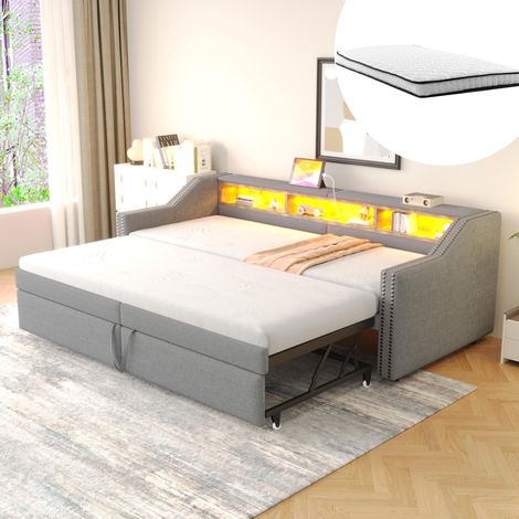 Lit rembourré, canapé-lit extensible 90/180x200cm, compartiment de rangement multifonctionnel, lumière LED et prise USB, avec cadre à lattes, gris clair (avec deux matelas à ressorts), garantie 2 ans