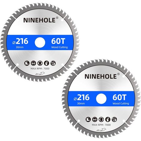 Lot de 2 Lame de Scie Circulaire 216 x 30 mm (anneau 25mm 20mm Et 16mm), 60 dents Coupes propres, Disque à Tronçonner pour Bois, Sèche, Stratifié, Cloison, Contreplaqué, Plastique (1/5)