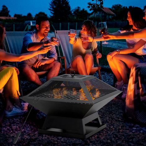 Foyer acier inoxydable 45x45x34cm protection étincelles panier feu jardin balcon barbecue camping, noir (1/4)