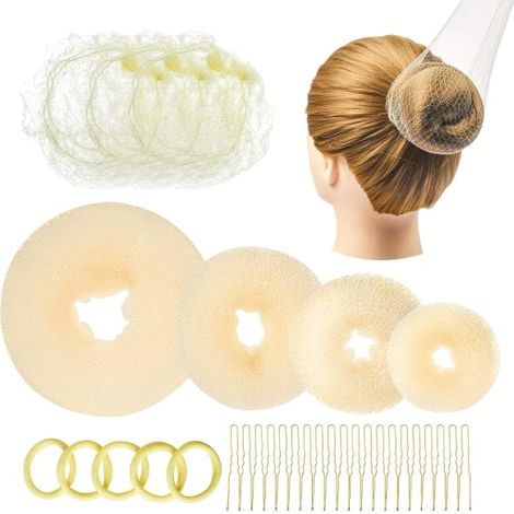 Chignon rembourré 32 pièces, ensemble de coiffure donut comprenant 6 chignons, 5 élastiques, 3 filets à cheveux et 20 épingles à cheveux en forme de U, doré (1/5)