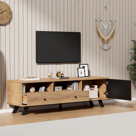Armoire TV 150x38x44 cm petit meuble TV avec 2 tiroirs,panneau bas avec meuble,largeur 150 cm adapté TV 60 pouces,placard salon couleur bois. (1/5)