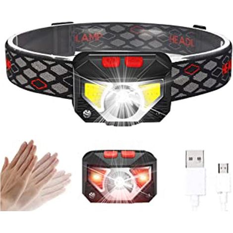 LED-Stirnlampe, superhelle Stirnlampe mit Bewegungssensor, 6 Modi, wiederaufladbare USB-Stirnlampe, wasserdichte Taschenlampe, Camping, Wandern, Angeln, Arbeiten (1/4)