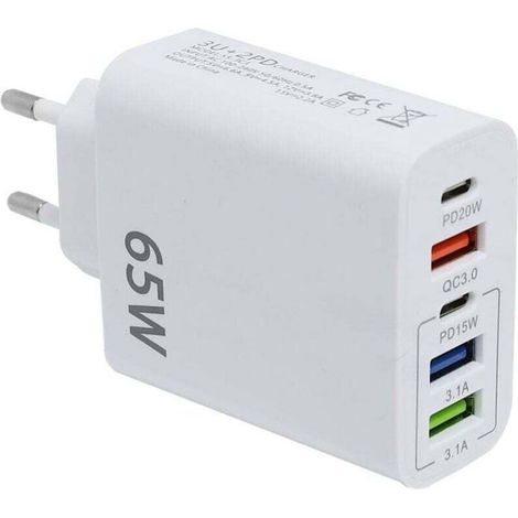 65-W-Schnellladegerät mit USB-C-Anschluss – 5 Anschlüsse – Unterstützt QC3.0 und PD20W-Schnellladung – Material: ABS + flammhemmendes PC – Kompakt und tragbar – Kompatibel mit iPhone und Galaxy S1 (1/3)