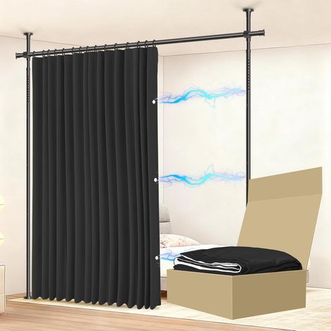 ENSEMBLE COMPLET DE RIDEAU SÉPARATEUR DE PIÈCES, IDÉAL POUR LES LOGEMENTS LOUÉS, LES BUREAUX TEMPORAIRES ET LES APPARTEMENTS (1 rideau noir : H 213 x L 270 cm, Barre : H 109-305 x L 89-254 cm) (1/5)