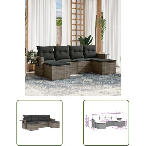 The Living Store Salon de jardin 6 pcs avec coussins gris résine tressée - Ensemble Salon De Jardin - Mobilier De Jardin - Salon Extérieur - Résine Tressée - Rotin Synthétique (1/3)