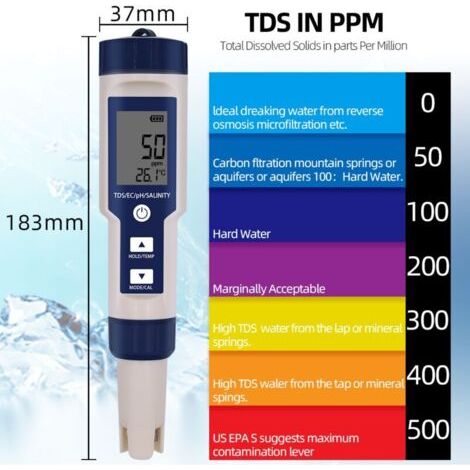 Ph-mètre numérique 5 en 1 – Mesure pH, TDS, EC, salinité – Plage 0-60℃ – Étalonnage automatique – Stylo avec rétroéclairage - EC 5 EN