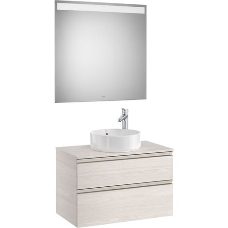 Pack meuble "The gap" 800 pour vasque à poser - 2 tiroirs + plan + miroir LED - frêne nordic/poignées nickel mat - Roca (1/2)