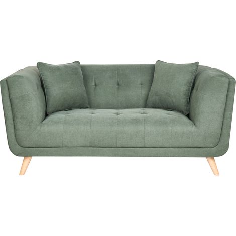 Sofá 2 plazas de tela con cojines decorativos patas de madera capitoné estilo retro verde Habo