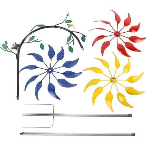 Girouette à fleurs multicolores avec 3 fleurs et feuilles vertes, grande éolienne attrayante pour vérandas extérieures (1/5)