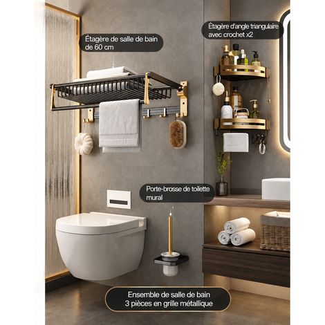 Porte-serviettes mural salle de bain sans perçage ensemble 3 pièces panier grille pliable noir et doré C aluminium spatial 4 kg – Livraison gratuite (1/5)