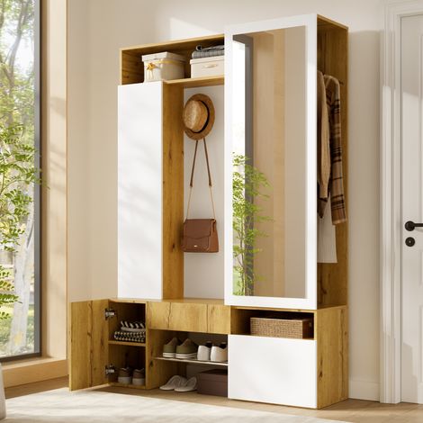 Armoire multifonction avec miroir – Rangement chaussures + penderie + étagères – Structure MDF robuste – Gain de place pour entrée – 127×35×180 cm – Moderne et épuré – Blanc (1/5)