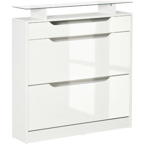royaluxe -Armoire à Chaussures avec 2 tiroirs rabattables + 1 tiroir Coulissant + 1 comptoir et 1 Plateau en Verre étagère réglable sur 2 Niveaux 89 x 23 x 96 cm blanc (1/5)