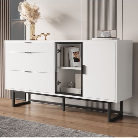 MODFU – Credenza 160x36x78 cm in MDF e pannelli con LED, 3 cassetti, vetrina in vetro e portata 50 kg – Bianco e nero (1/5)