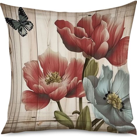 Housse de Coussin décoratif motif fleurs sur fond bois, 60x60 cm (1/5)
