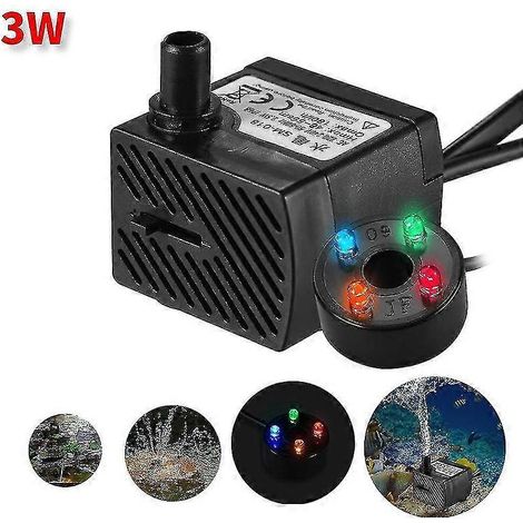 Pompe à eau submersible puissante de 3 W avec lumière LED et débit réglable, compatible avec les fontaines, bassins et aquariums.