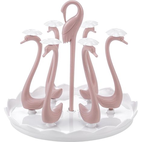 Porte-gobelet cygne avec bac d'égouttage rotatif, support/égouttoir rotatif en plastique pour la cuisine, rose, 6 compartiments (1/5)
