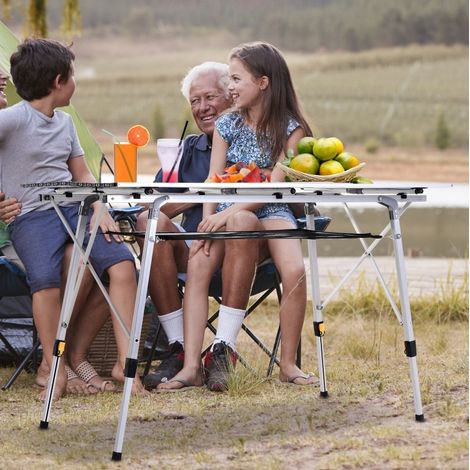 Table de camping pliante en aluminium argent, réglable en hauteur, avec sac de transport (1/5)