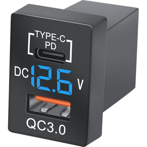 Neues QC3.0 USB-Autoladegerät mit PD-Stecker (Typ-C) und blauer LED-Digitalvoltmeter für schnelles Laden