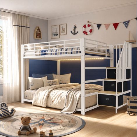 Litera 140x200 cm de metal y MDF blanco/nogal con escalera, LED y USB - CHICFURN (1/5)