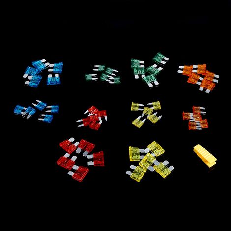 Surtido de 50 fusibles de lámina para automóviles (5A, 10A, 15A, 20A, 30A) con portafusibles.