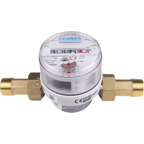 Zenner Contatore acqua 1/2 pollici, acqua fredda e calda, lunghezza 80 mm, con raccordo a vite e set di guarnizioni, taratura 2026 (1/5)